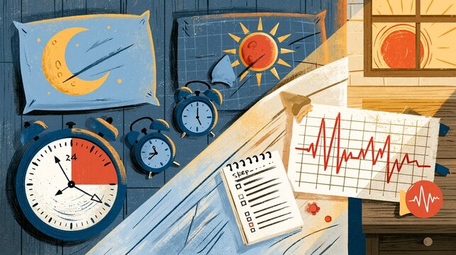 Top-down bedside scene with a divided 24-hour clock, staggered blue alarm clocks, and a sleep diary beside a heart-rate graph, contrasting irregular sleep timing with consistent circadian rhythm