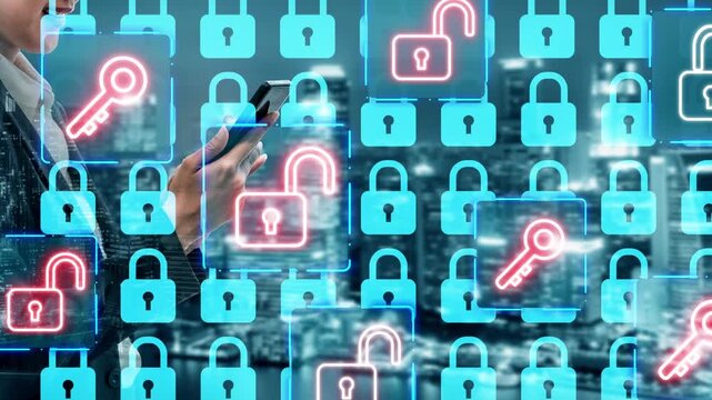 Business Professional Using Smartphone with Digital Padlock and Key Icons Overlaid Representing Cyber Security and Digital Protection Concepts in Urban Setting. Entropy.