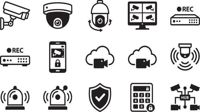 Black and white surveillance camera icon set design elements isolated on transparent background