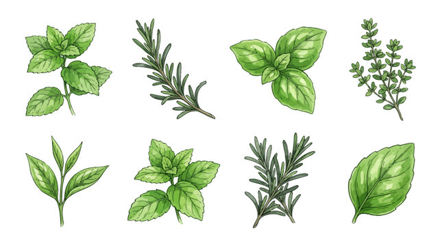 Hand Drawn Culinary Herb Collection Mint Basil Rosemary and Thyme Green Leafy Botanical Elements