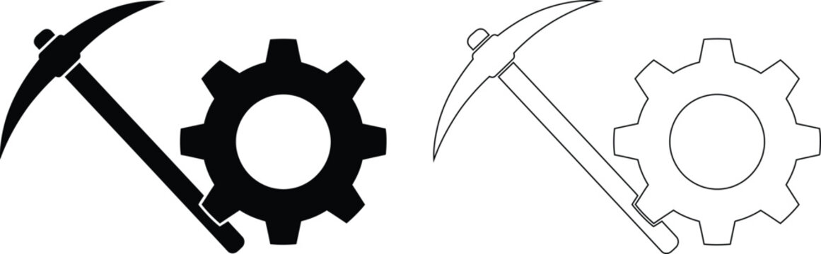 Vector icon set features a crossed pickaxe and gear, representing cryptocurrency blockchain data mining and mechanical industry settings in both solid silhouette and outline styles.