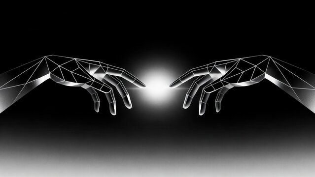 Two geometric hands reaching for light