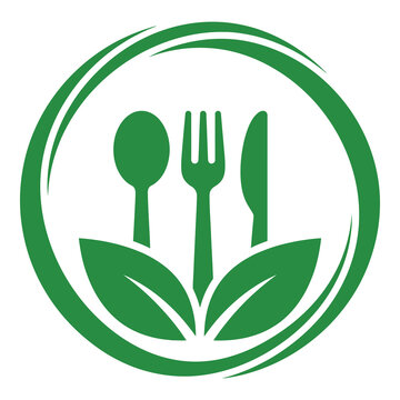 Green circle logo with utensils and leaves on white background icon