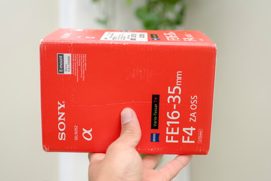 Zapopan Jalisco, Mexico - June 30, 2026: Box for Sony FE 16-35mm f4 ZA OSS camera lens