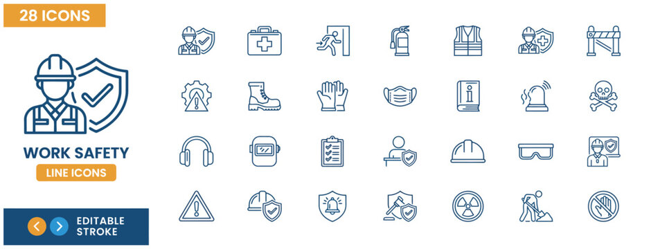 Professional work safety line icons set featuring protective gear and hazard warning symbols