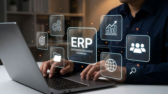 Businessman using laptop with ERP enterprise resource planning software icons interface