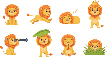 Naklejka premium Cute Cartoon Lion Cub Vector Character Set with Playful Little Lions Sleeping Running Wearing Crown and Peeking from Grass for Kids Nursery Designs