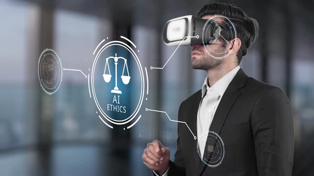 A businessman engages with a virtual reality headset, exploring the ethical implications of artificial intelligence within a modern technological context. Raster