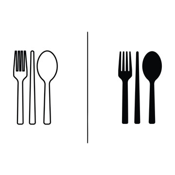 Black and white cutlery icons with fork knife and spoon on transparent background