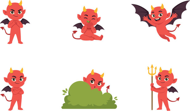 Cute Red Devil Boy Cartoon Vector Character Set with Playful Little Satan Mascot Flying Holding Pitchfork and Hiding in Bush for Halloween Designs