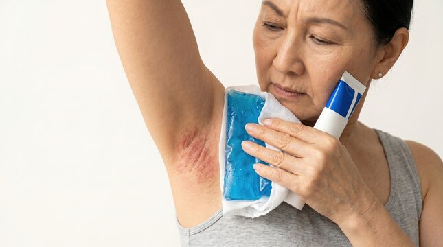 Mature Asian woman applying blue gel cold pack to painful red armpit rash breakout