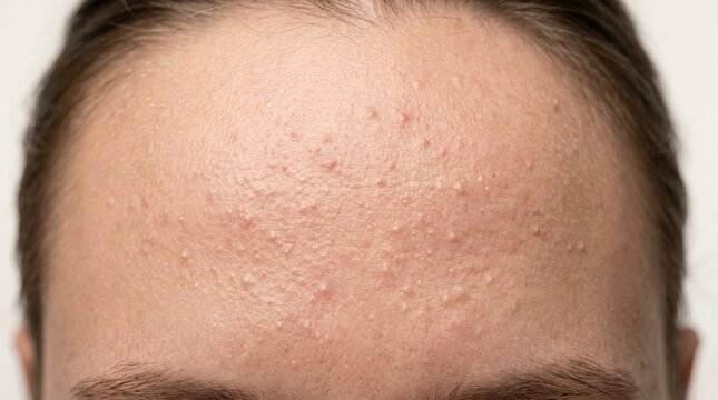 Close up view of a forehead covered in tiny closed comedones bumps and subclinical acne