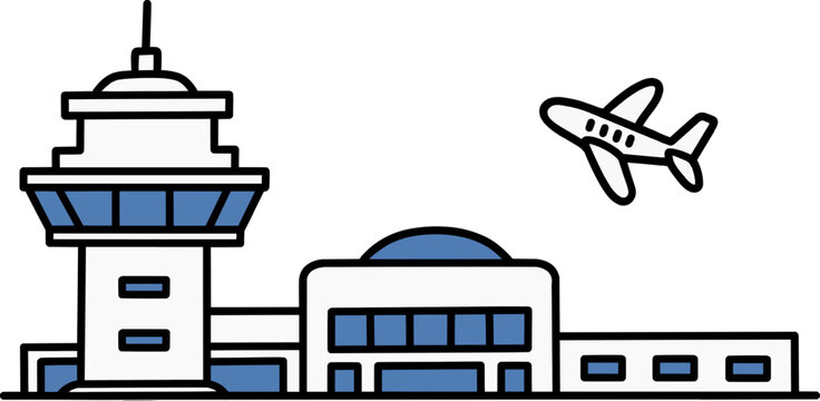 Airport control tower and terminal building with airplane vector icon