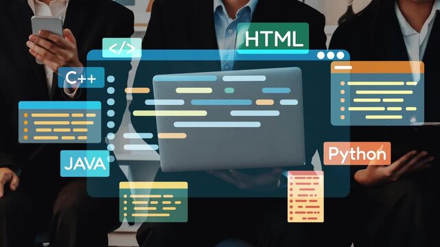 A diverse team of professionals is engaged with technology, showcasing essential programming languages like HTML, , and on a modern digital interface in an office. Raster