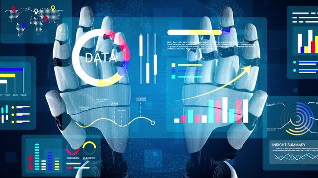 Futuristic robotic hands interacting with data visualizations, graphs, and charts in a digital technology space for innovation and analytics representation Gluon.