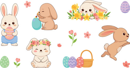Obraz premium Cute Easter Bunny Vector Character Set with Colorful Patterned Eggs Basket and Spring Flowers for Festive Holiday Greeting Cards and Pattern Designs