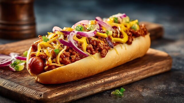 Loaded chili cheese hot dog topped with red onion slices and fresh parsley on a wooden board