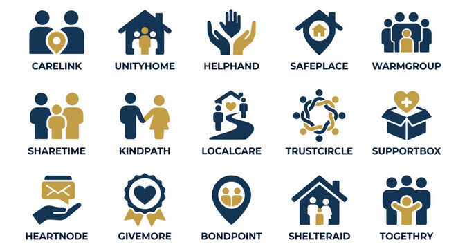 Care and Community Charity Logos Set with People Icons, Shelters, Hands, Hearts, and Supportive Book Symbols
