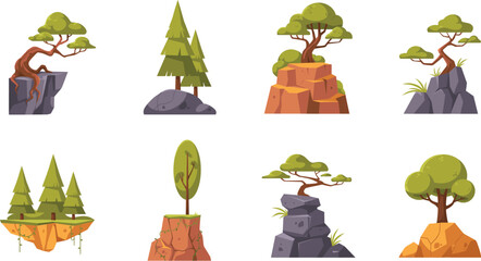Cartoon Tree and Rock Element Vector Set with Pine Trees Floating Islands and Bonsai growing on Cliffs for Game Environment Landscape Designs © Abul