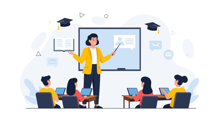 Fototapeta premium Teacher instructing students in modern classroom with laptops and graduation caps, symbolizing education and learning