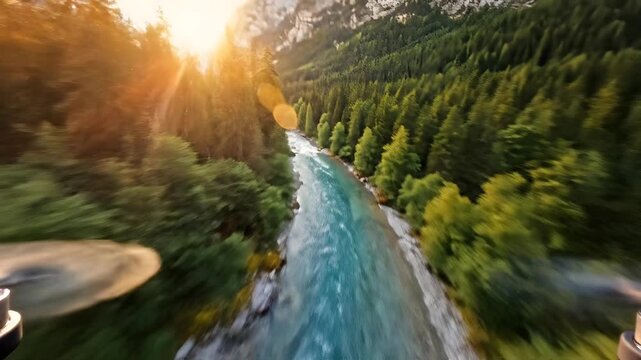 Fast FPV drone flight through a sunny mountain valley and green pine forest over a rocky blue river