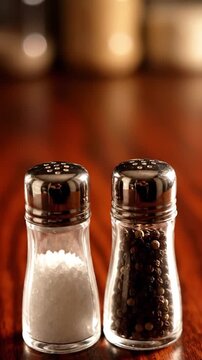 Salt and pepper shakers standing together on a wooden table in a warm dining setting