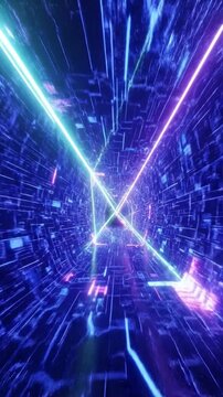 Seamless flight through a cyber digital tunnel with glowing neon lines and laser effects