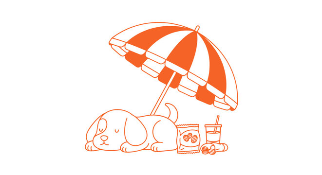 A dog sleeps peacefully under a colorful beach umbrella with a drink nearby on a sunny day.