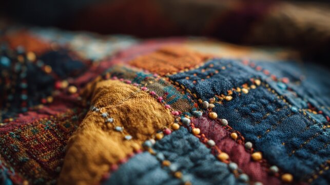 Close up of a colorful patchwork quilt