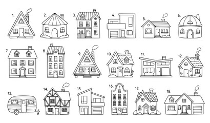 Fototapeta premium Cute Pastel Hand Drawn Houses Vector Set Pink and Green Home Collection Storybook Style Isolated on White Background