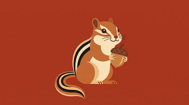 Cute Stylized Chipmunk Illustration Holding a Large Acorn Nut on Reddish Brown Background