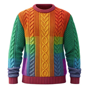 Vibrant wool fisherman sweater with intricate cable knit patterns in rainbow colors transparent background