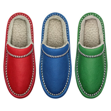 Cozy wool lined slippers in red blue and green perfect for indoor comfort transparent background