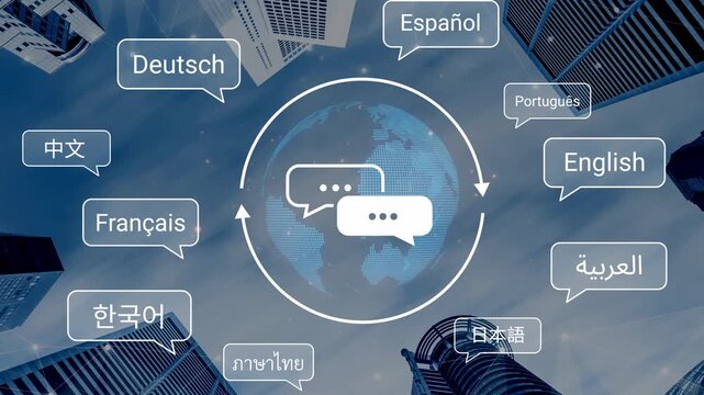 Global Communication Concept with Multilingual Speech Bubbles Representing Different Languages Above City Skyline Background for Modern Marketing Use Gluon.