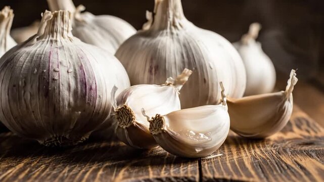 Close-up shot of raw garlic bulbs and cloves resting on a rustic wooden surface in natural light