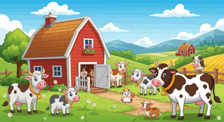 Naklejka premium Happy cartoon cows in a sunny farmyard.