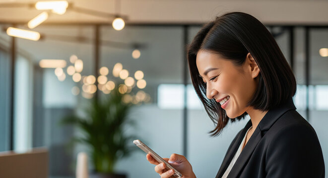 Young professional businesswoman checking her smartphone in a modern office, a concept for business communication and staying connected