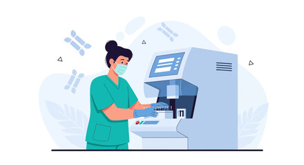 Naklejka premium Scientist in Face Mask Operates Advanced Laboratory Machine for Research and Development