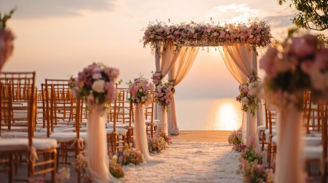 Wedding ceremony arch with flowers at sunset