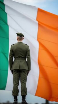 Young male soldier in green dress uniform standing at attention before a large Irish flag representing national pride, patriotism, military service, and honor