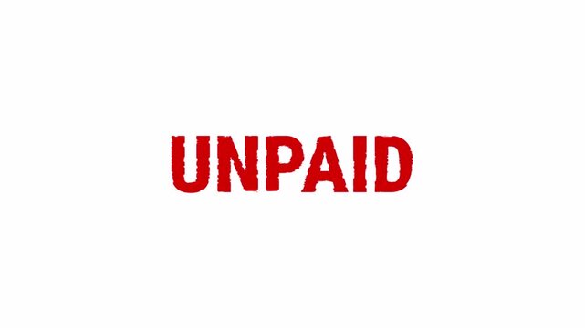 Unpaid Rubber Stamp Animation with Red Ink on Transparent Background. Seamless Alpha Channel 4K