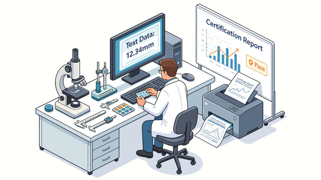 Isometric lab scene with scientist analyzing data on monitors displaying test results and