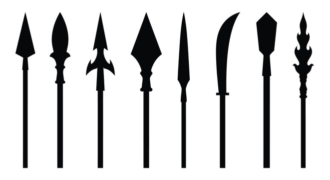 Collection Of Eight Black Silhouette Spearheads And Polearms Against A White Background Silhouette spearhead polearm weapon arms historical