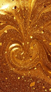 Shimmering liquid gold surface with swirling movement and glitter flakes creating a luxury texture