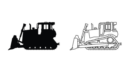 Two bulldozer outlines a solid black silhouette and a white lined version against a white background silhouette construction © Kamal