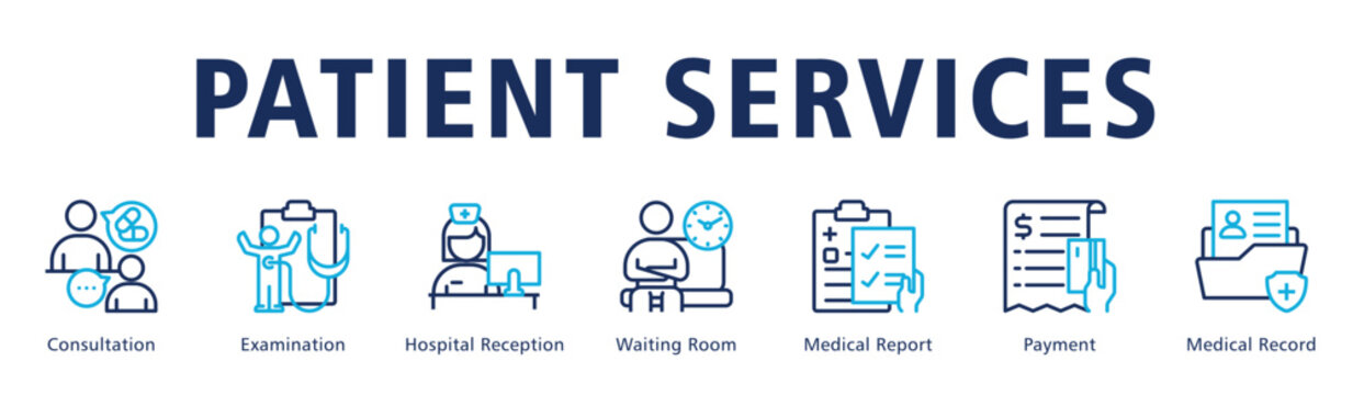 Patient Services web banner icon vector illustration covering appointment, examination, documentation and billing workflow in healthcare facilities.
