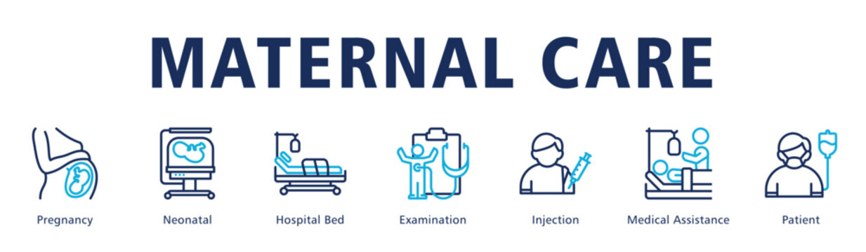 Maternal Care web banner icon vector illustration presenting prenatal monitoring, newborn care and supportive hospital services.