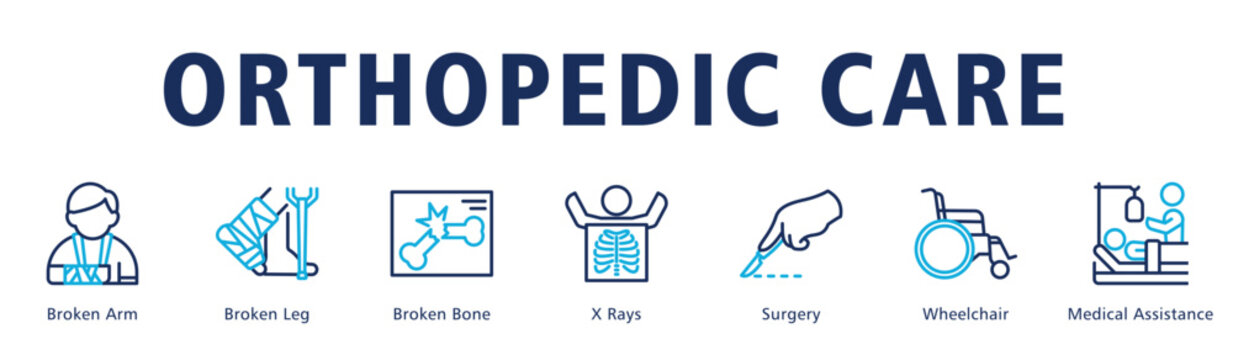 Orthopedic Care web banner icon vector illustration describing fracture diagnosis, surgery and rehabilitation support services.