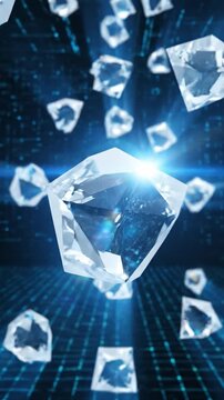 Shiny crystals floating slowly with shimmering light reflections on a blue technology background