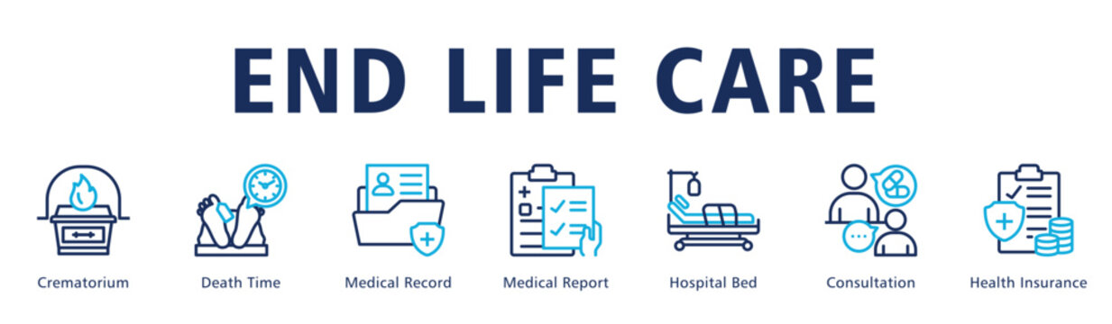End Life Care web banner icon vector illustration depicting structured documentation and respectful end of life healthcare services.